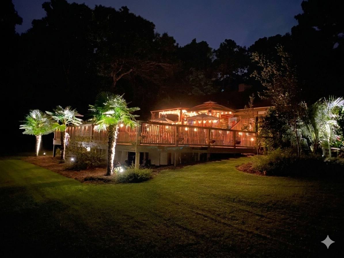 Elevated deck and palms lit warmly at night above a sloping backyard lawn