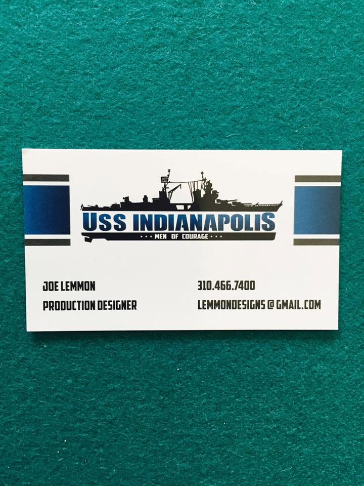 USS Indianapolis Men of Courage production designer business card with ship graphic, Joe Lemmon name, and contact details