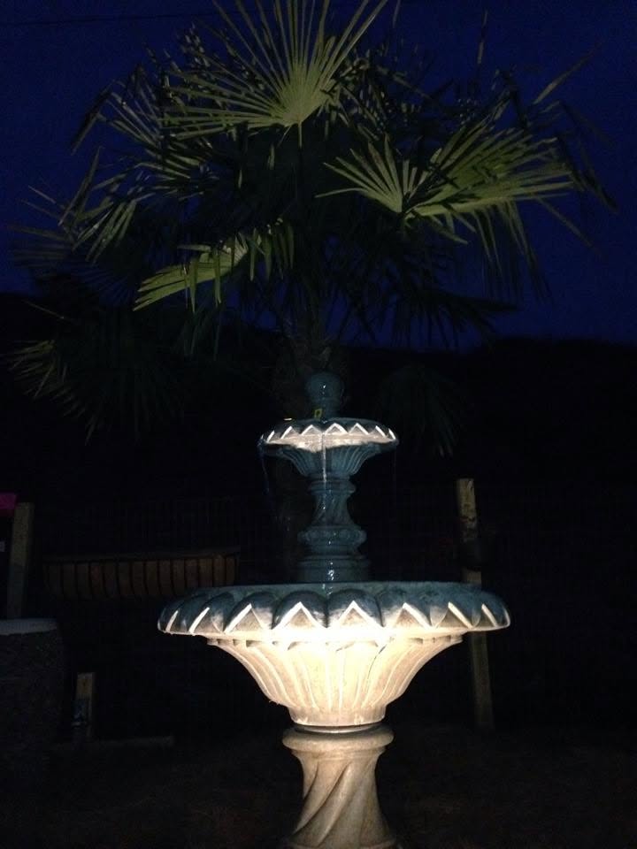 Illuminated tiered fountain at night with warm internal lighting and palm fronds rising behind it